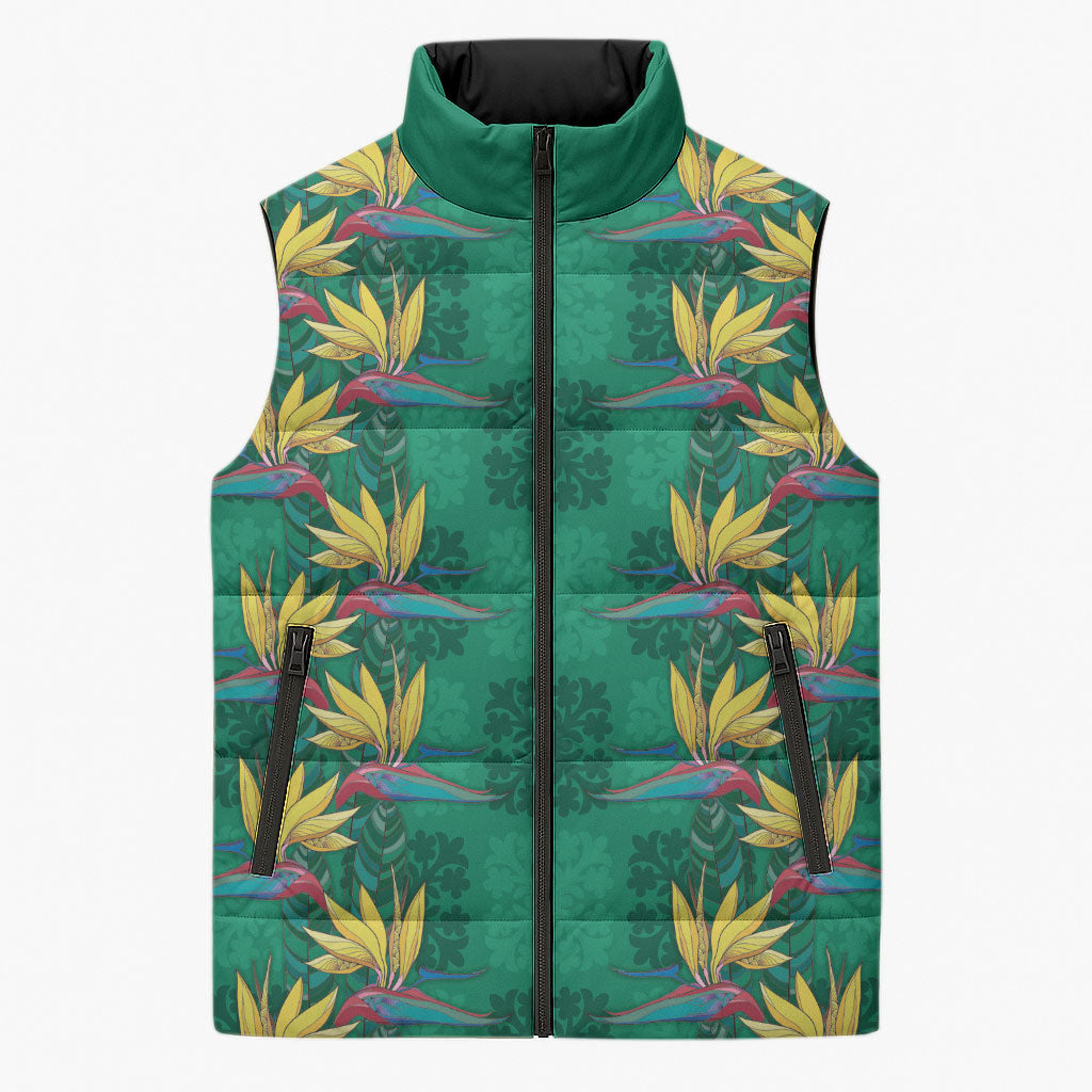 Hawaii Waikiki King Sleeveless Puffer Jacket Green Quilt With Pua Manu