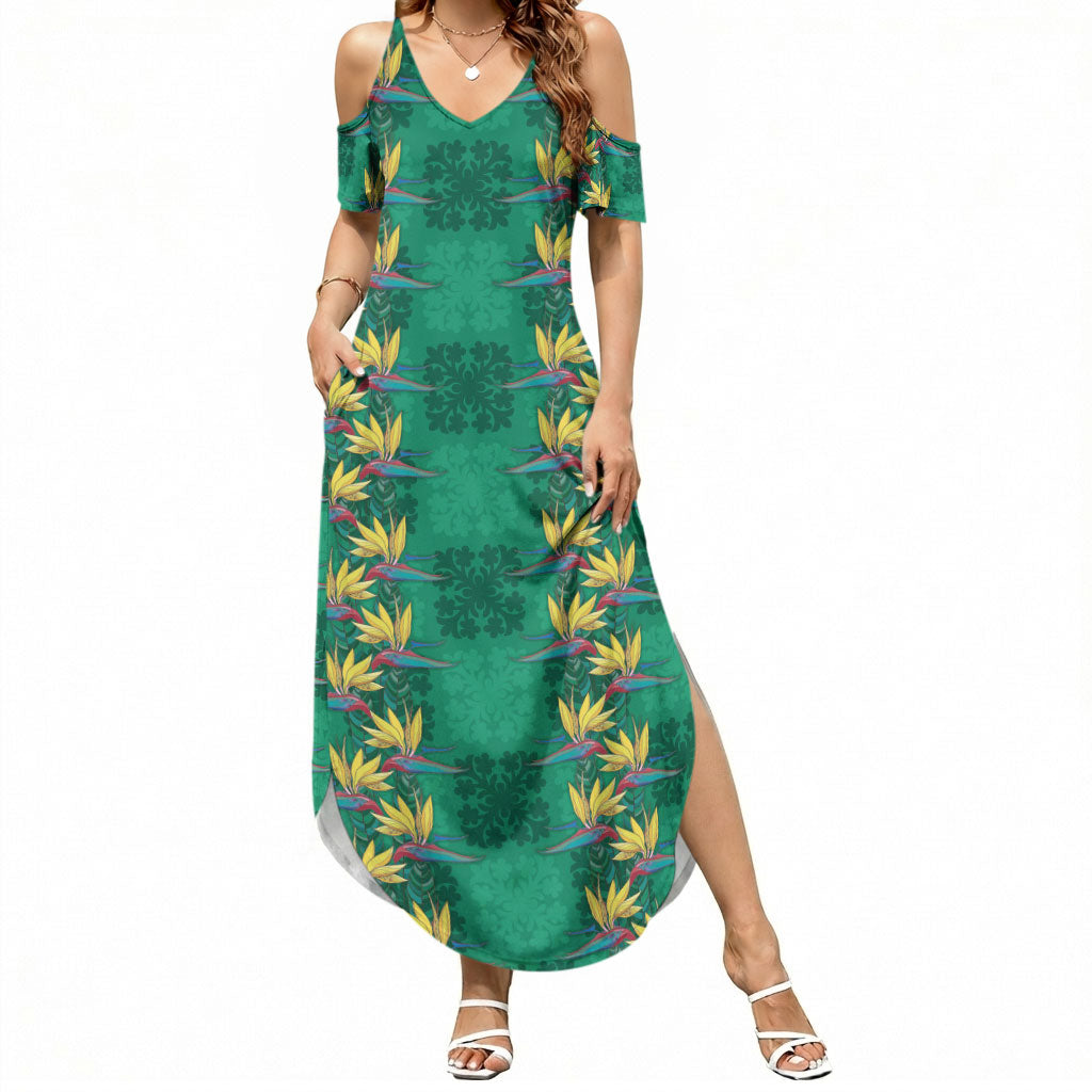 Hawaii Waikiki King Summer Maxi Dress Green Quilt With Pua Manu