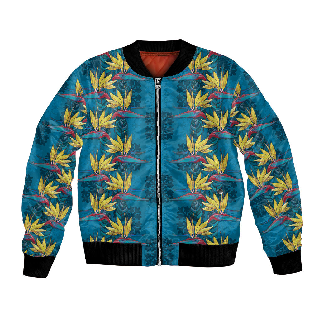 Hawaii Waikiki King Bomber Jacket Blue Quilt With Pua Manu