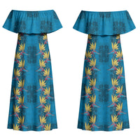 Hawaii Waikiki King Couples Matching Off Shoulder Maxi Dress and Hawaiian Shirt Blue Quilt With Pua Manu LT05 - Polynesian Pride