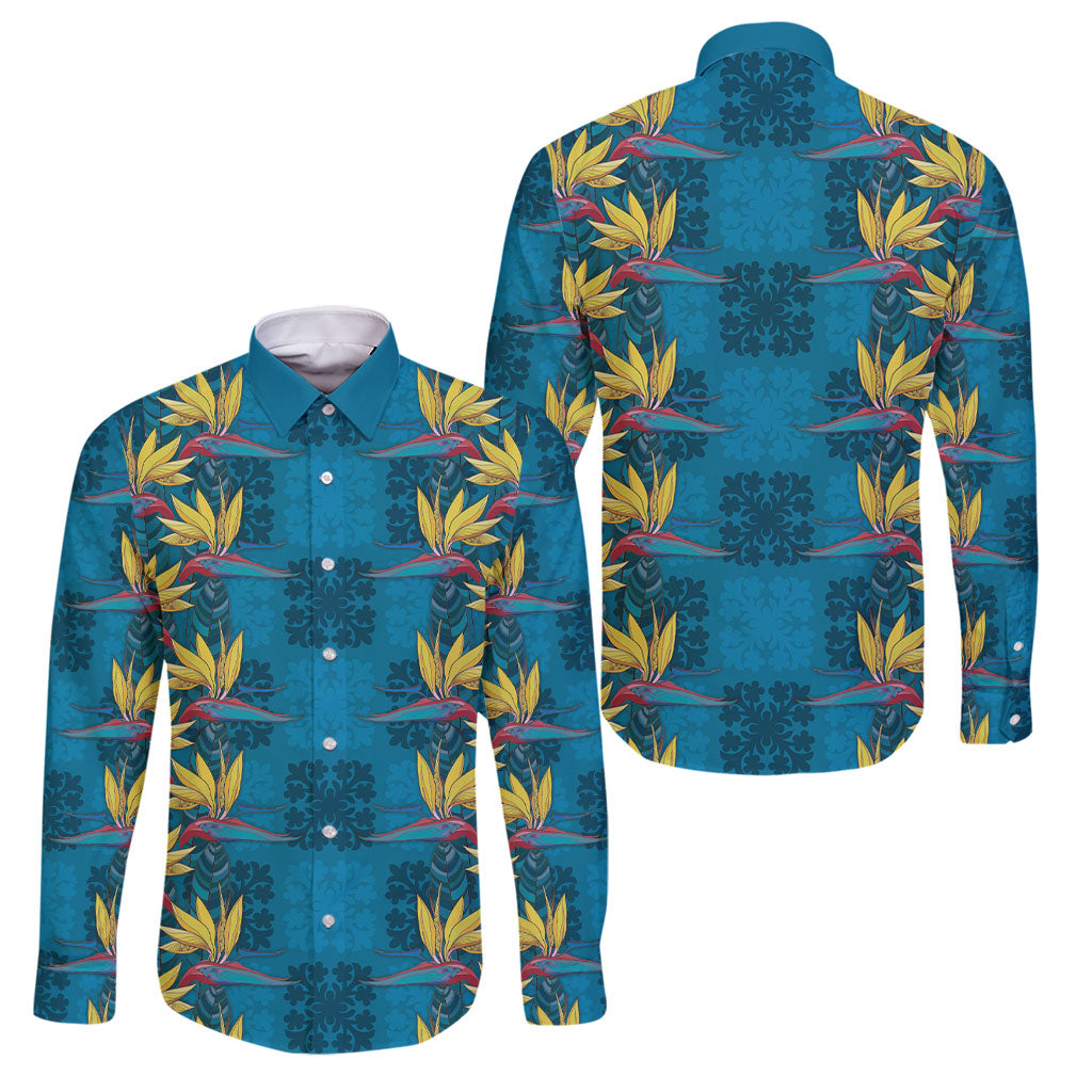 Hawaii Waikiki King Family Matching Long Sleeve Bodycon Dress and Hawaiian Shirt Blue Quilt With Pua Manu LT05 Dad's Shirt - Long Sleeve Blue - Polynesian Pride