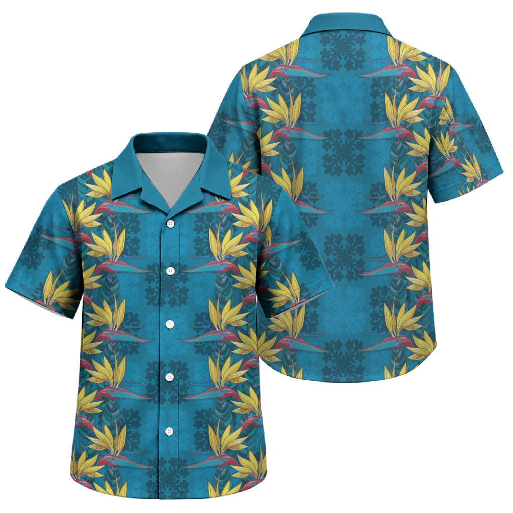 Hawaii Waikiki King Family Matching Off The Shoulder Long Sleeve Dress and Hawaiian Shirt Blue Quilt With Pua Manu LT05 Son's Shirt Blue - Polynesian Pride