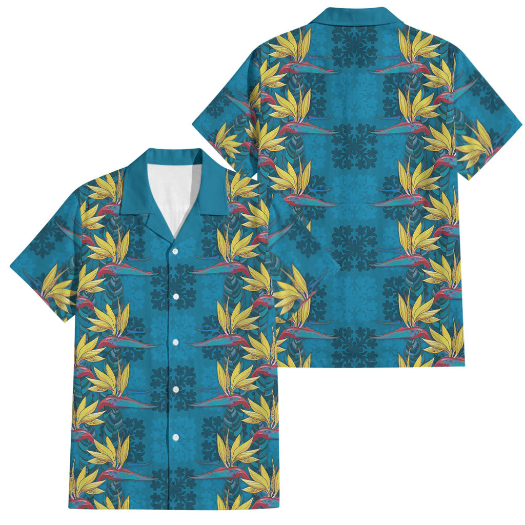 Hawaii Waikiki King Family Matching Short Sleeve Bodycon Dress and Hawaiian Shirt Blue Quilt With Pua Manu LT05 Dad's Shirt - Short Sleeve Blue - Polynesian Pride