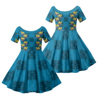 Hawaii Waikiki King Family Matching Short Sleeve Bodycon Dress and Hawaiian Shirt Blue Quilt With Pua Manu LT05 Daughter's Dress Blue - Polynesian Pride
