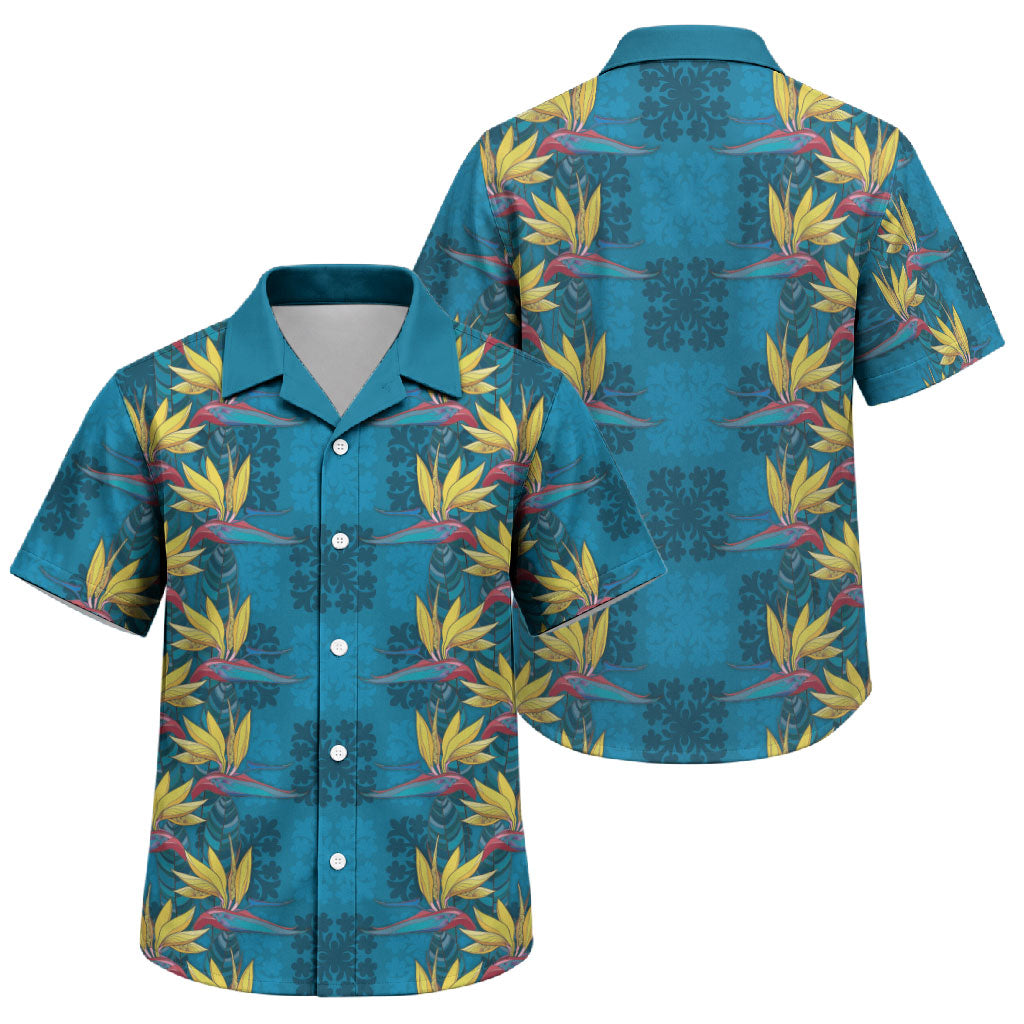 Hawaii Waikiki King Family Matching Summer Maxi Dress and Hawaiian Shirt Blue Quilt With Pua Manu LT05 Son's Shirt Blue - Polynesian Pride