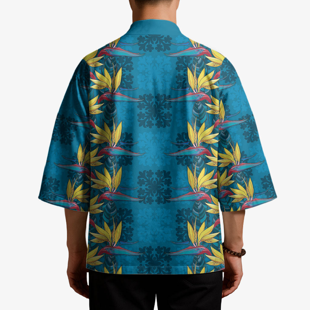 Hawaii Waikiki King Kimono Blue Quilt With Pua Manu LT05 - Polynesian Pride