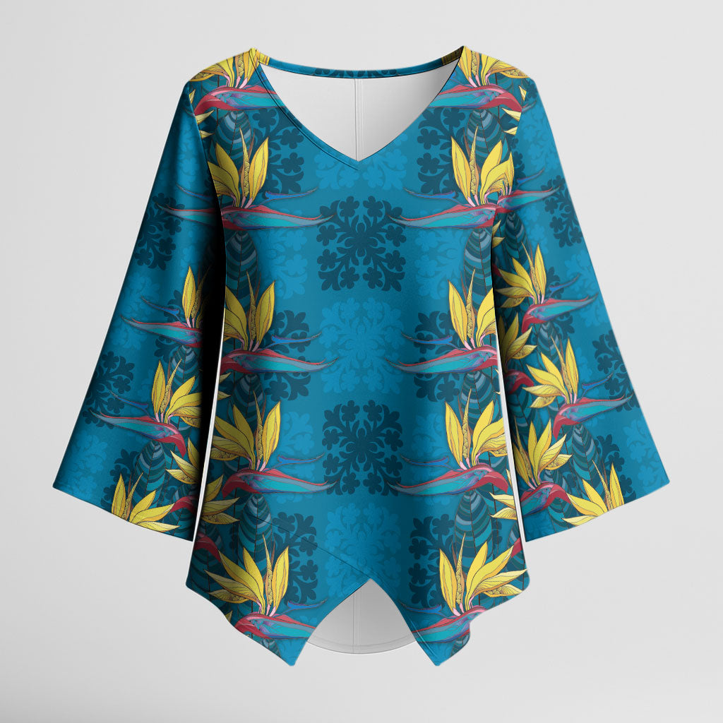 Hawaii Waikiki King Kimono Sleeve Blouse Blue Quilt With Pua Manu
