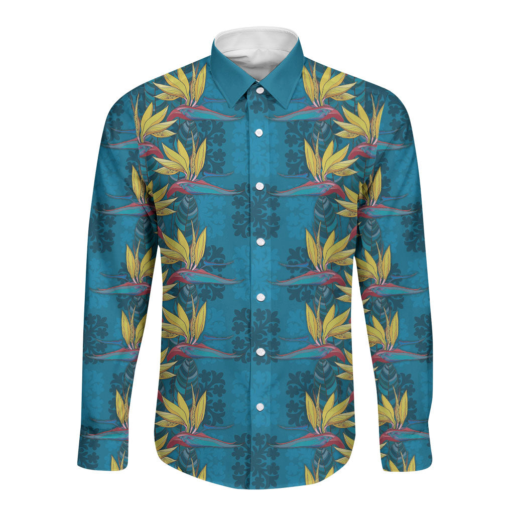 Hawaii Waikiki King Long Sleeve Button Shirt Blue Quilt With Pua Manu LT05 Unisex Blue - Polynesian Pride