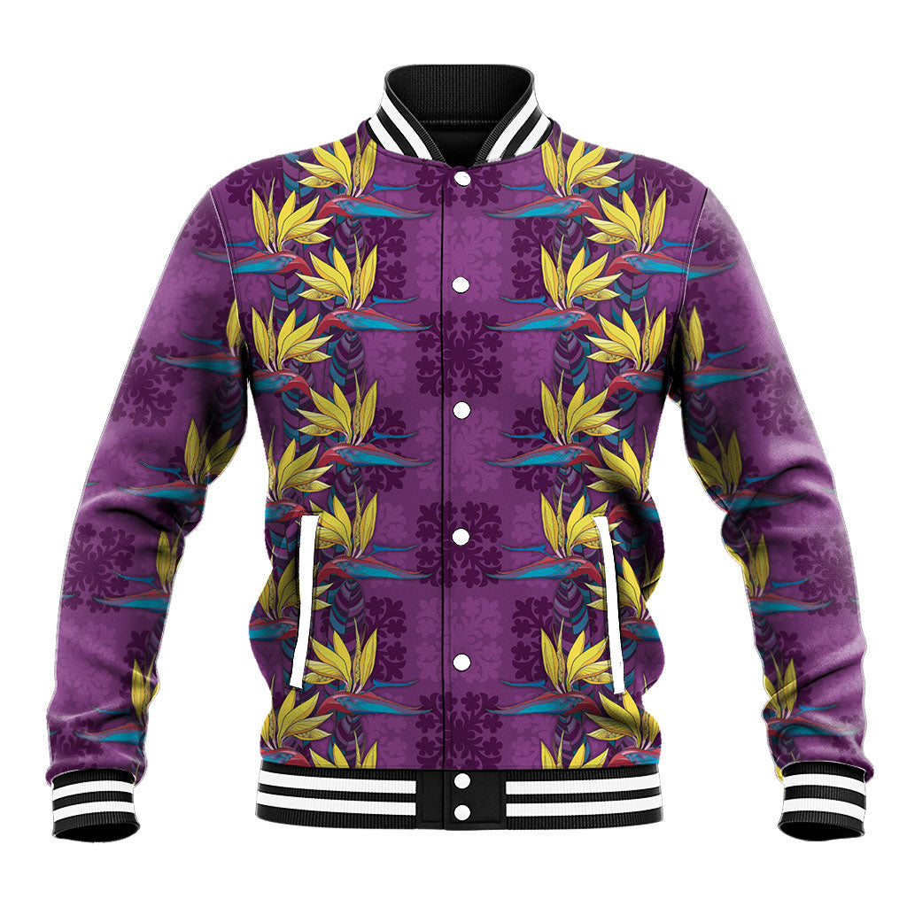 Hawaii Waikiki King Baseball Jacket Purple Quilt With Pua Manu LT05 Unisex Purple - Polynesian Pride