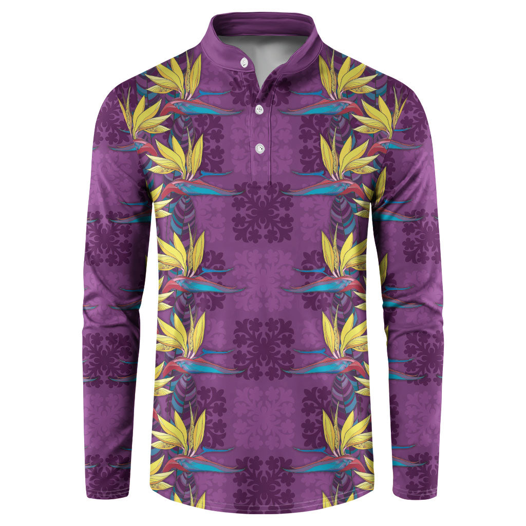 Hawaii Waikiki King Button Sweatshirt Purple Quilt With Pua Manu LT05 Purple - Polynesian Pride