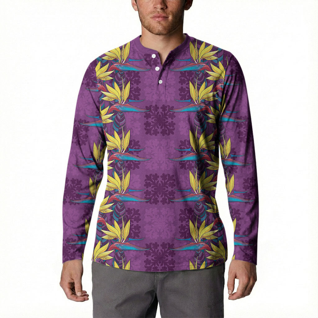 Hawaii Waikiki King Button Sweatshirt Purple Quilt With Pua Manu LT05 - Polynesian Pride