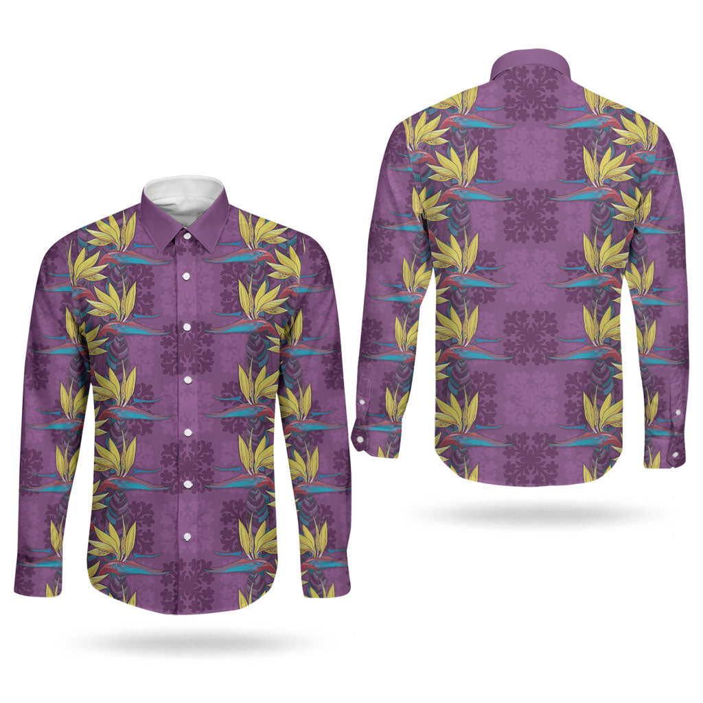 Hawaii Waikiki King Couples Matching Long Sleeve Bodycon Dress and Long Sleeve Button Shirt Purple Quilt With Pua Manu LT05 - Polynesian Pride