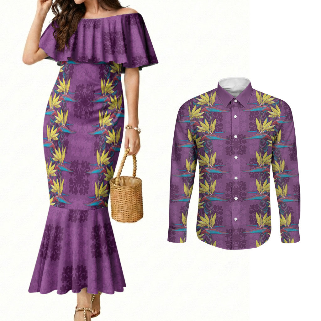 Hawaii Waikiki King Couples Matching Mermaid Dress and Long Sleeve Button Shirt Purple Quilt With Pua Manu