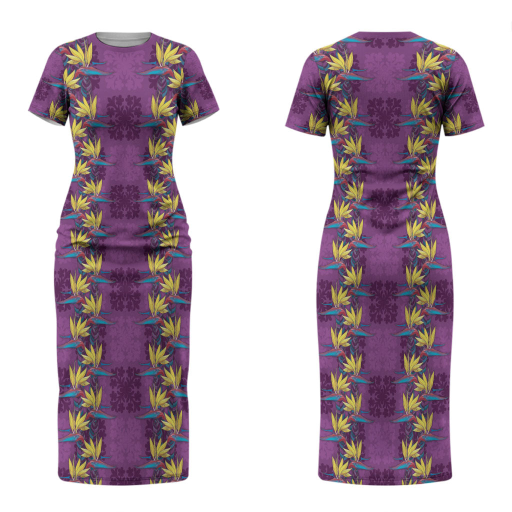 Hawaii Waikiki King Couples Matching Short Sleeve Bodycon Dress and Hawaiian Shirt Purple Quilt With Pua Manu LT05 - Polynesian Pride