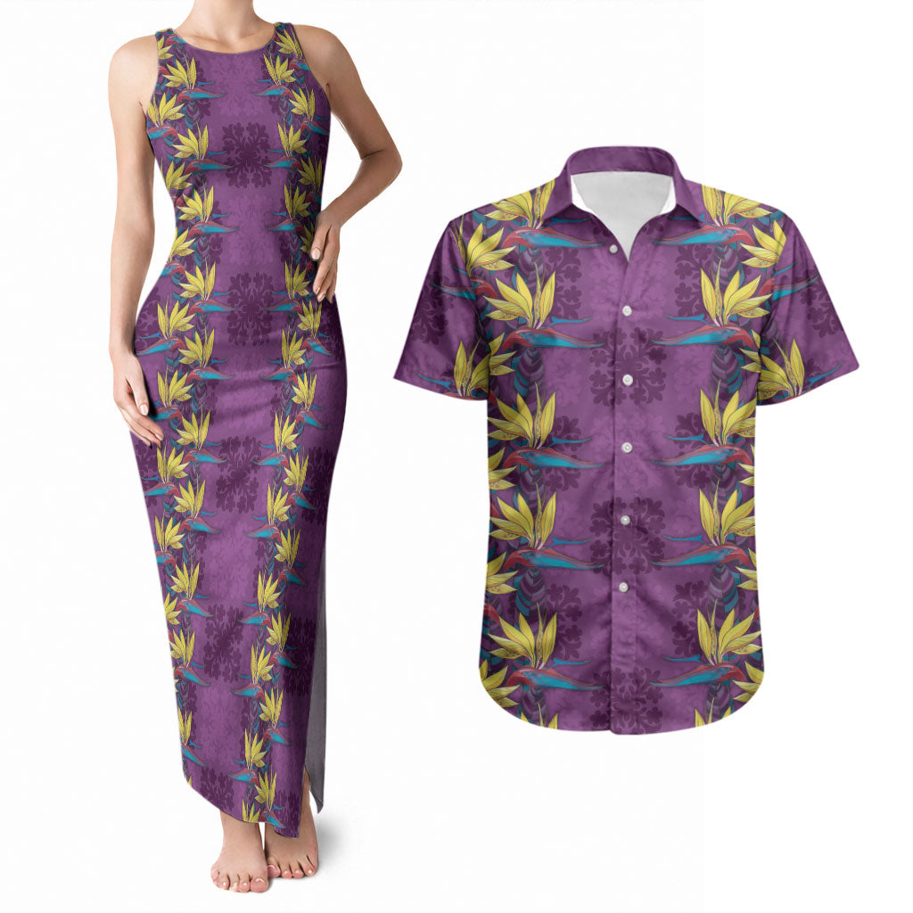 Hawaii Waikiki King Couples Matching Tank Maxi Dress and Hawaiian Shirt Purple Quilt With Pua Manu