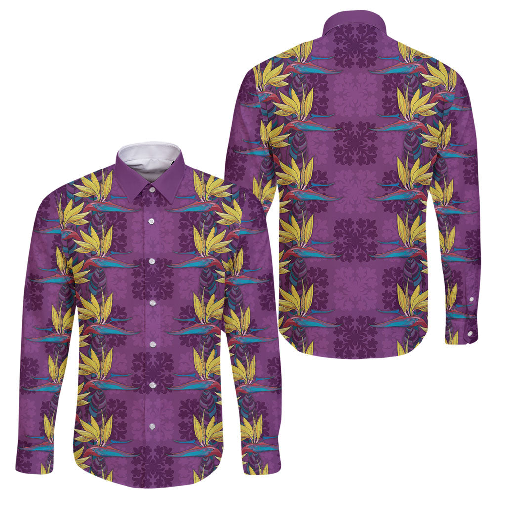 Hawaii Waikiki King Family Matching Off The Shoulder Long Sleeve Dress and Hawaiian Shirt Purple Quilt With Pua Manu LT05 Dad's Shirt - Long Sleeve Purple - Polynesian Pride