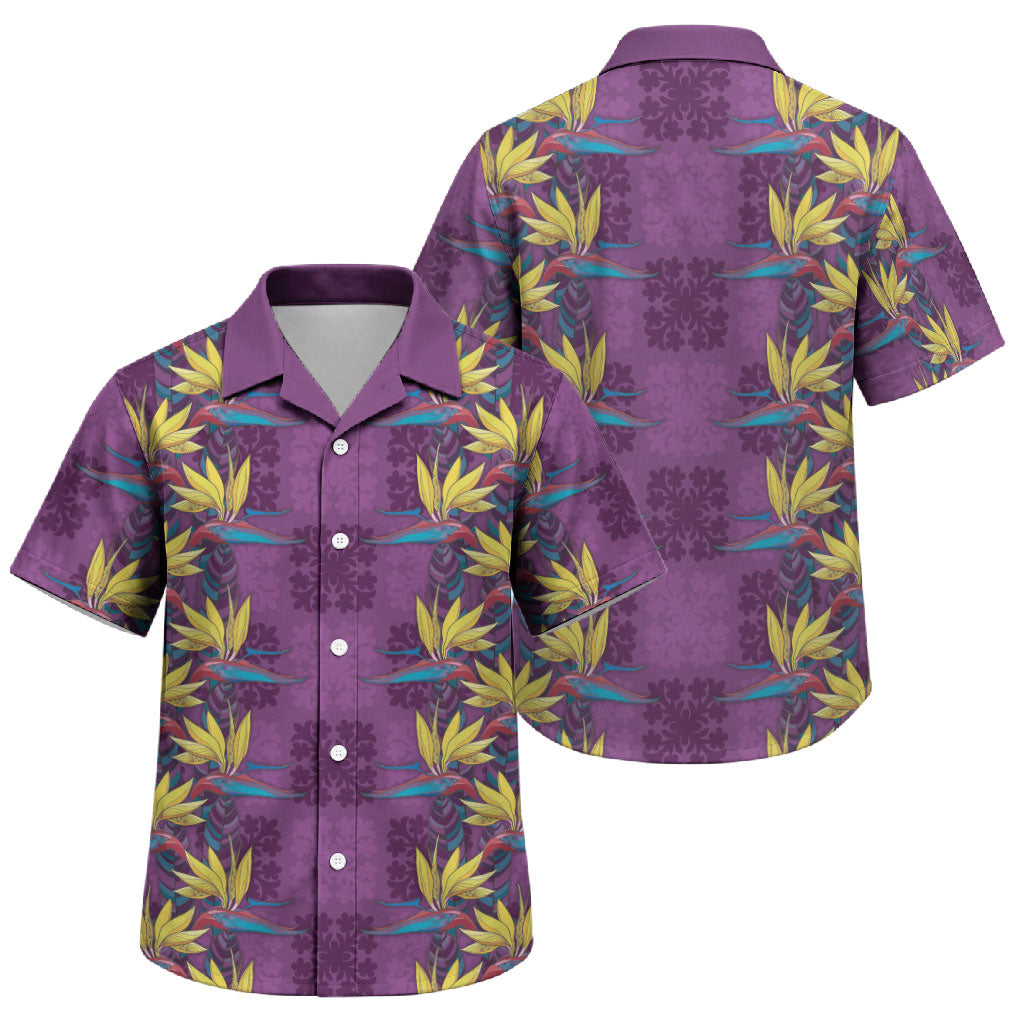 Hawaii Waikiki King Family Matching Off The Shoulder Long Sleeve Dress and Hawaiian Shirt Purple Quilt With Pua Manu LT05 Son's Shirt Purple - Polynesian Pride