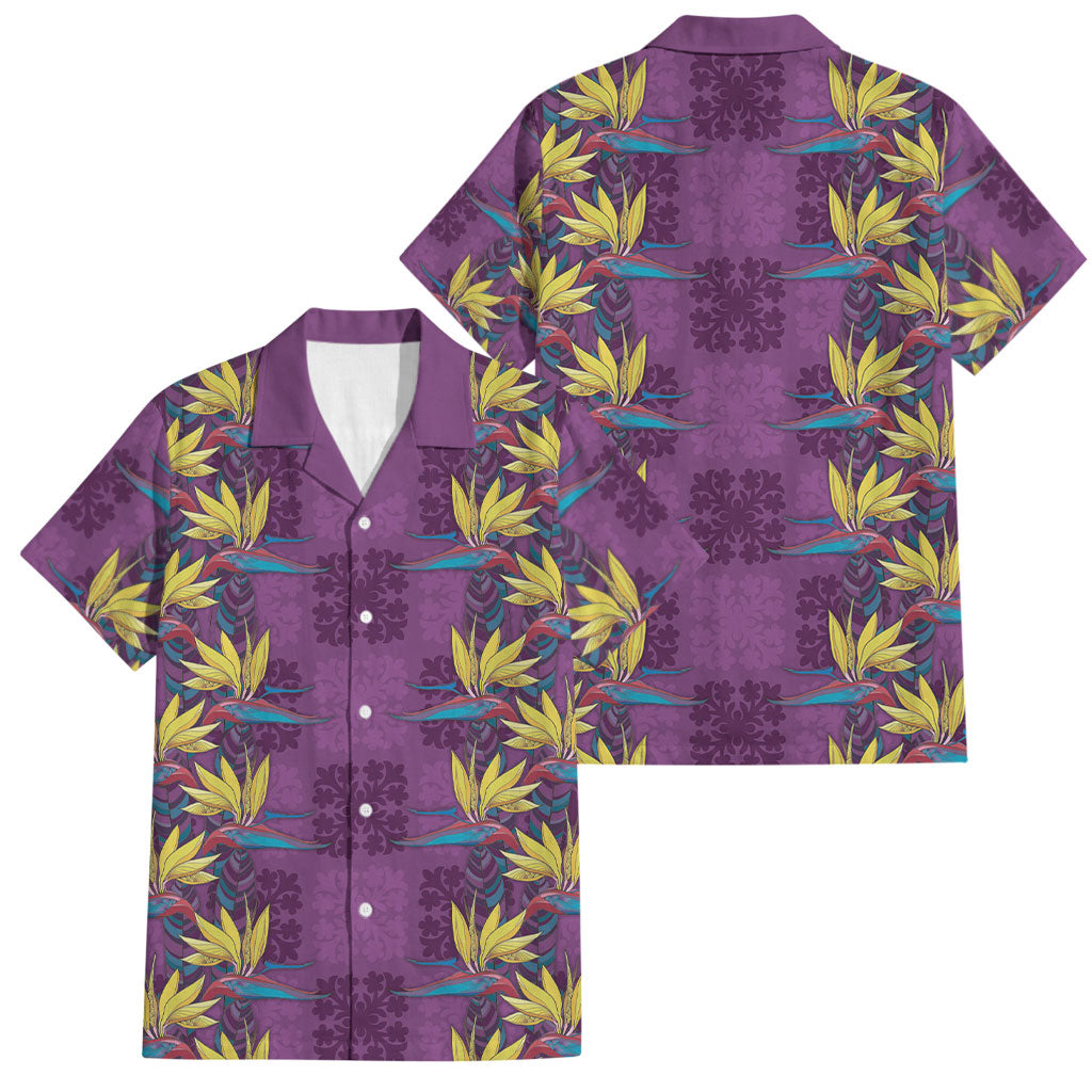 Hawaii Waikiki King Family Matching Off Shoulder Maxi Dress and Hawaiian Shirt Purple Quilt With Pua Manu LT05 Dad's Shirt - Short Sleeve Purple - Polynesian Pride
