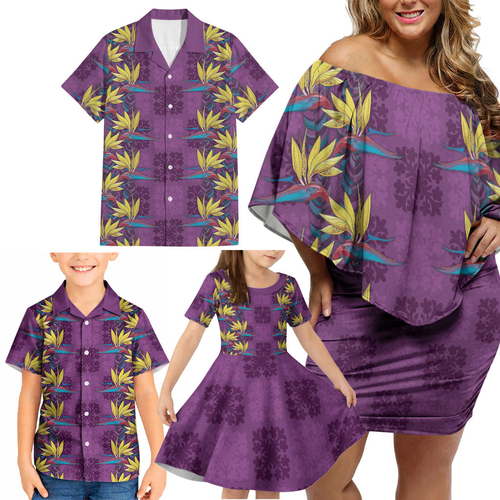 Hawaii Waikiki King Family Matching Off Shoulder Short Dress and Hawaiian Shirt Purple Quilt With Pua Manu