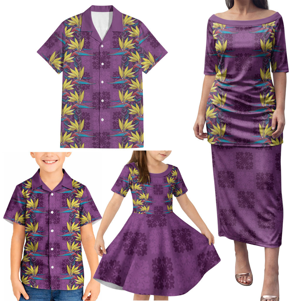Hawaii Waikiki King Family Matching Puletasi and Hawaiian Shirt Purple Quilt With Pua Manu