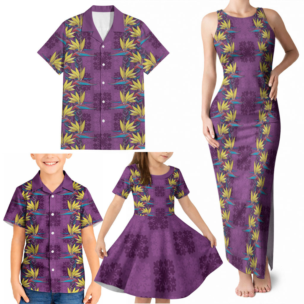 Hawaii Waikiki King Family Matching Tank Maxi Dress and Hawaiian Shirt Purple Quilt With Pua Manu