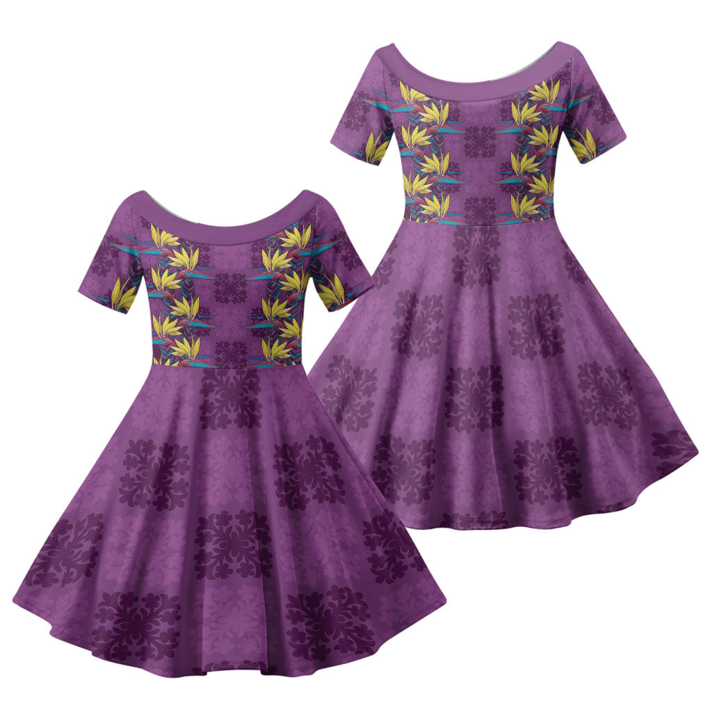 Hawaii Waikiki King Family Matching Tank Maxi Dress and Hawaiian Shirt Purple Quilt With Pua Manu LT05 Daughter's Dress Purple - Polynesian Pride