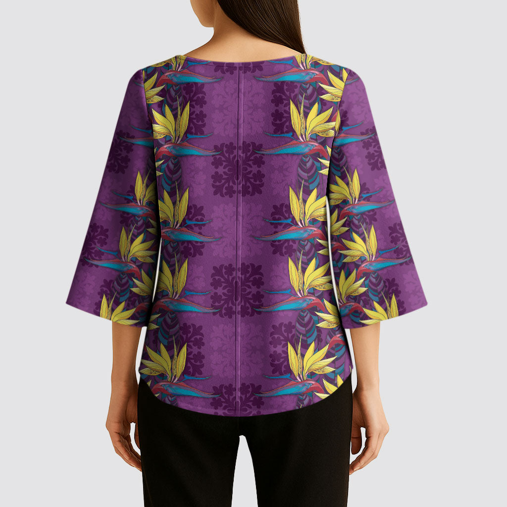 Hawaii Waikiki King Kimono Sleeve Blouse Purple Quilt With Pua Manu LT05 - Polynesian Pride