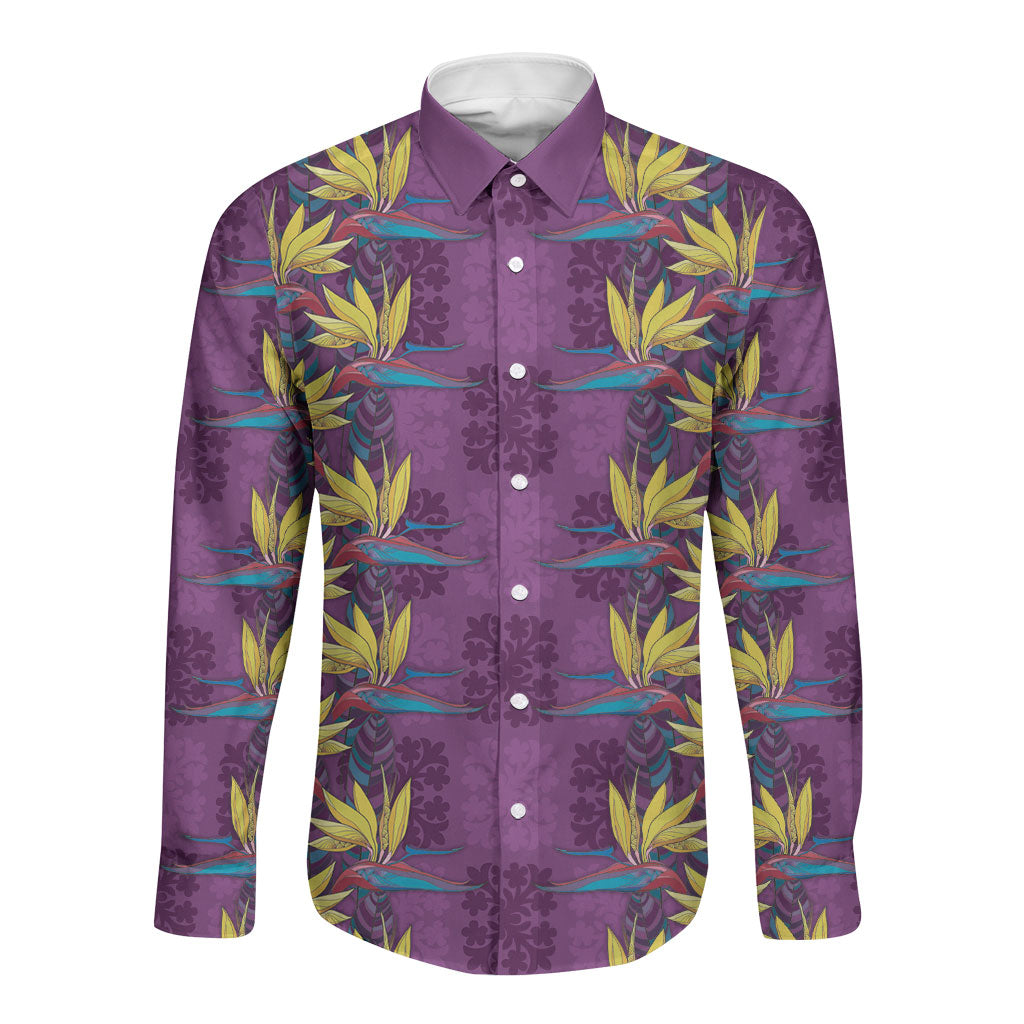 Hawaii Waikiki King Long Sleeve Button Shirt Purple Quilt With Pua Manu LT05 Unisex Purple - Polynesian Pride