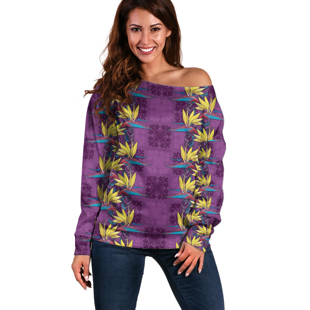 Hawaii Waikiki King Off Shoulder Sweater Purple Quilt With Pua Manu