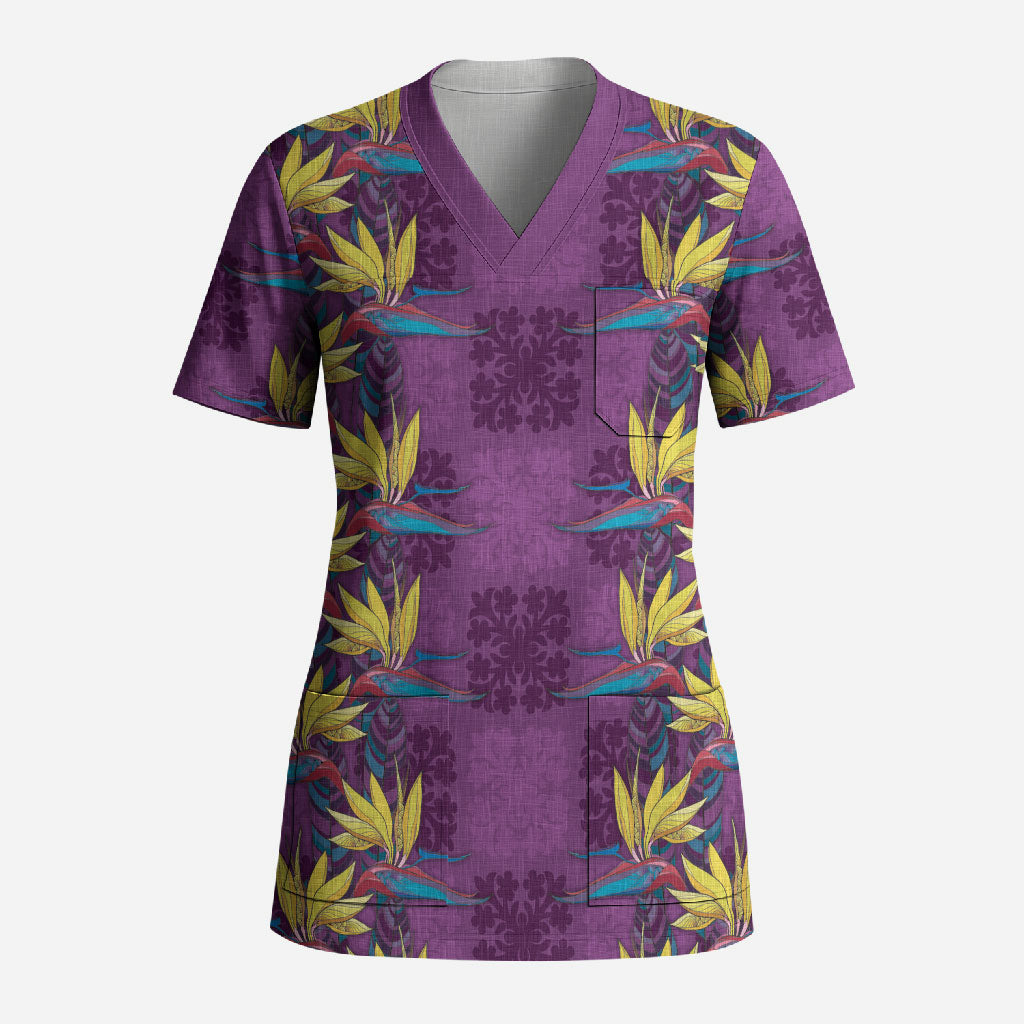 Hawaii Waikiki King Scrub Top Purple Quilt With Pua Manu LT05 Adult Purple - Polynesian Pride