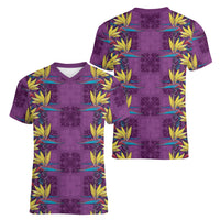 Hawaii Waikiki King Women V-Neck T-Shirt Purple Quilt With Pua Manu LT05 - Polynesian Pride