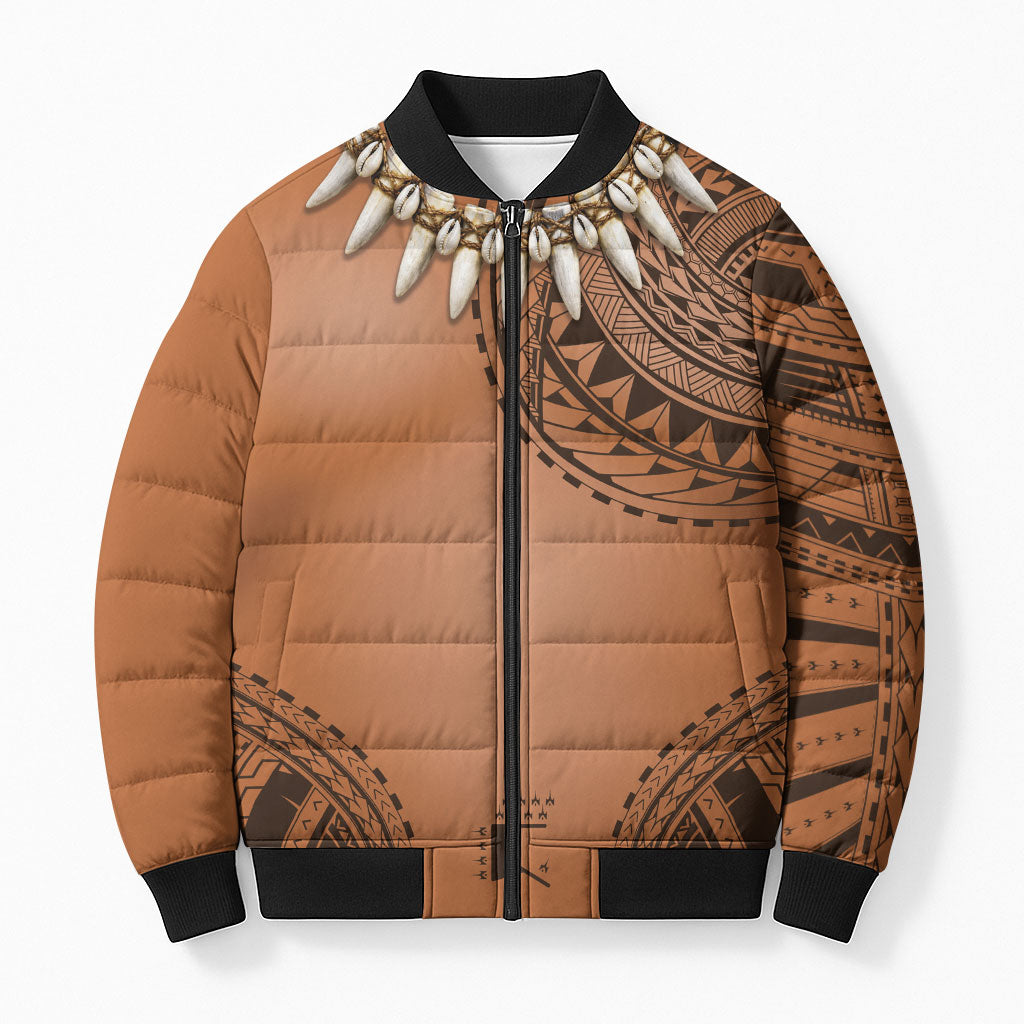 Polynesian Chief Inspired Costume Bomber Puffer Jacket Tribal Pattern With Tooth Necklace LT05 Unisex Brown - Polynesian Pride