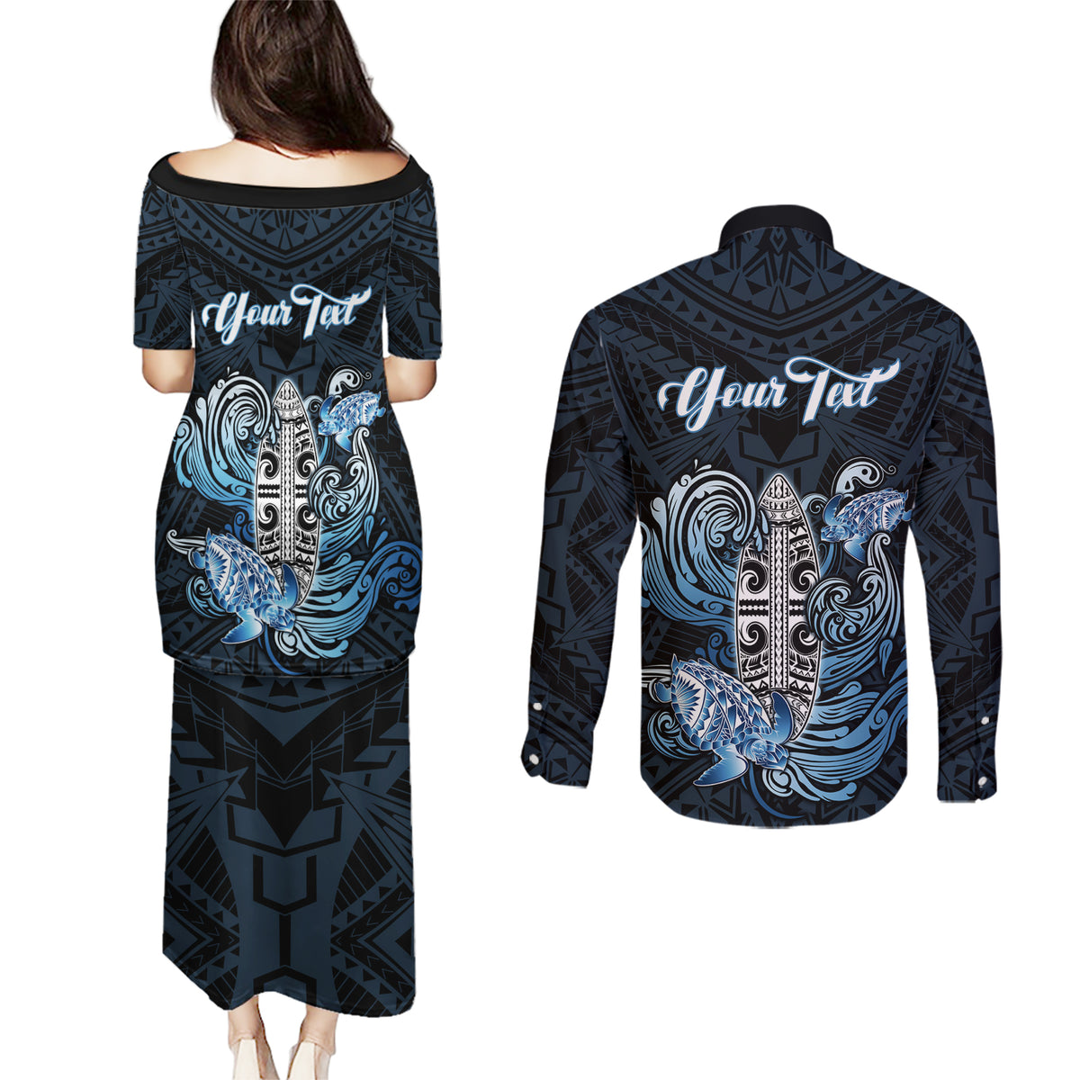 Personalised Polynesia Go Surfing Couples Matching Puletasi Dress and Long Sleeve Button Shirt The Pacific Wave Of Water LT05 - Polynesian Pride