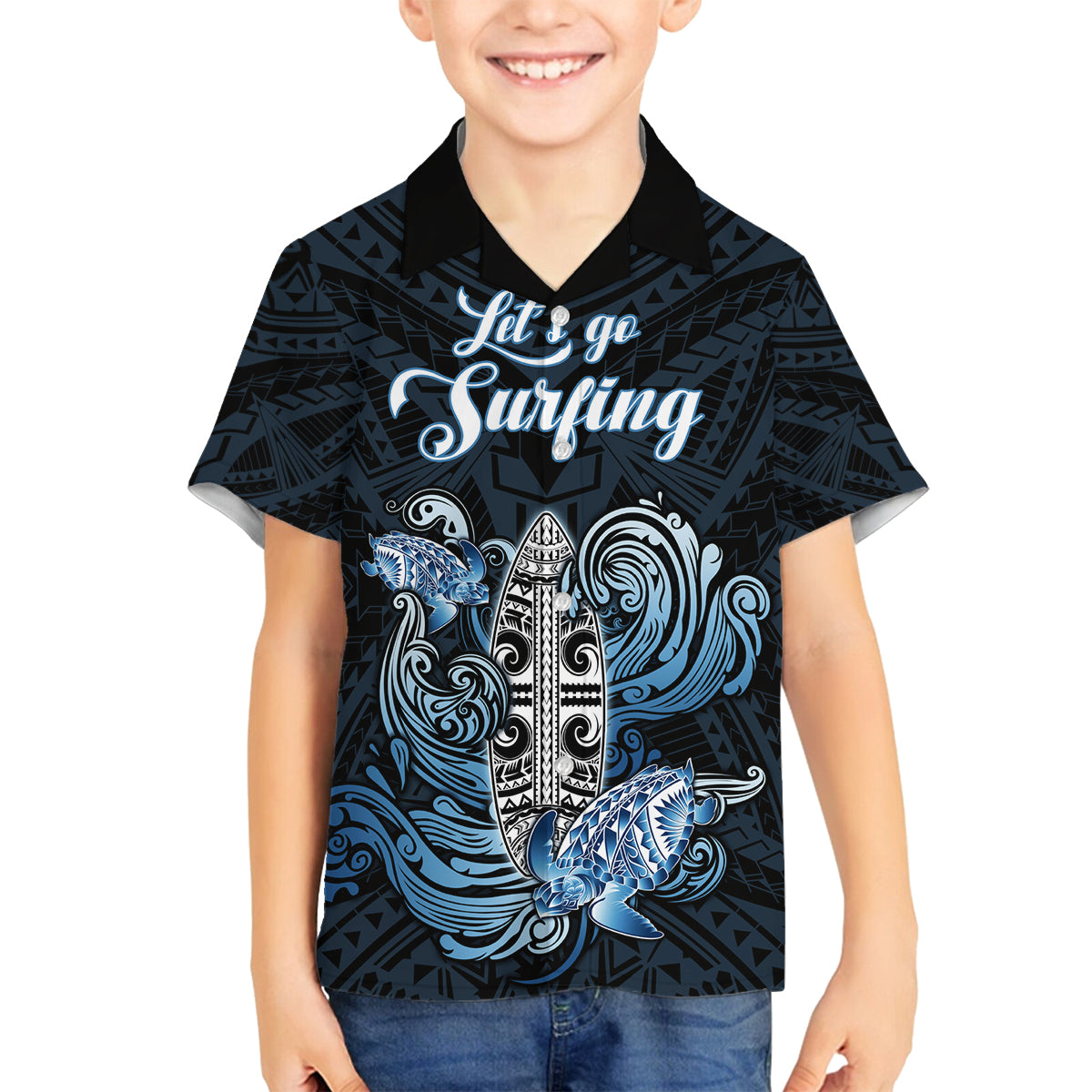 Personalised Polynesia Go Surfing Family Matching Tank Maxi Dress and Hawaiian Shirt The Pacific Wave Of Water LT05 Son's Shirt Blue - Polynesian Pride