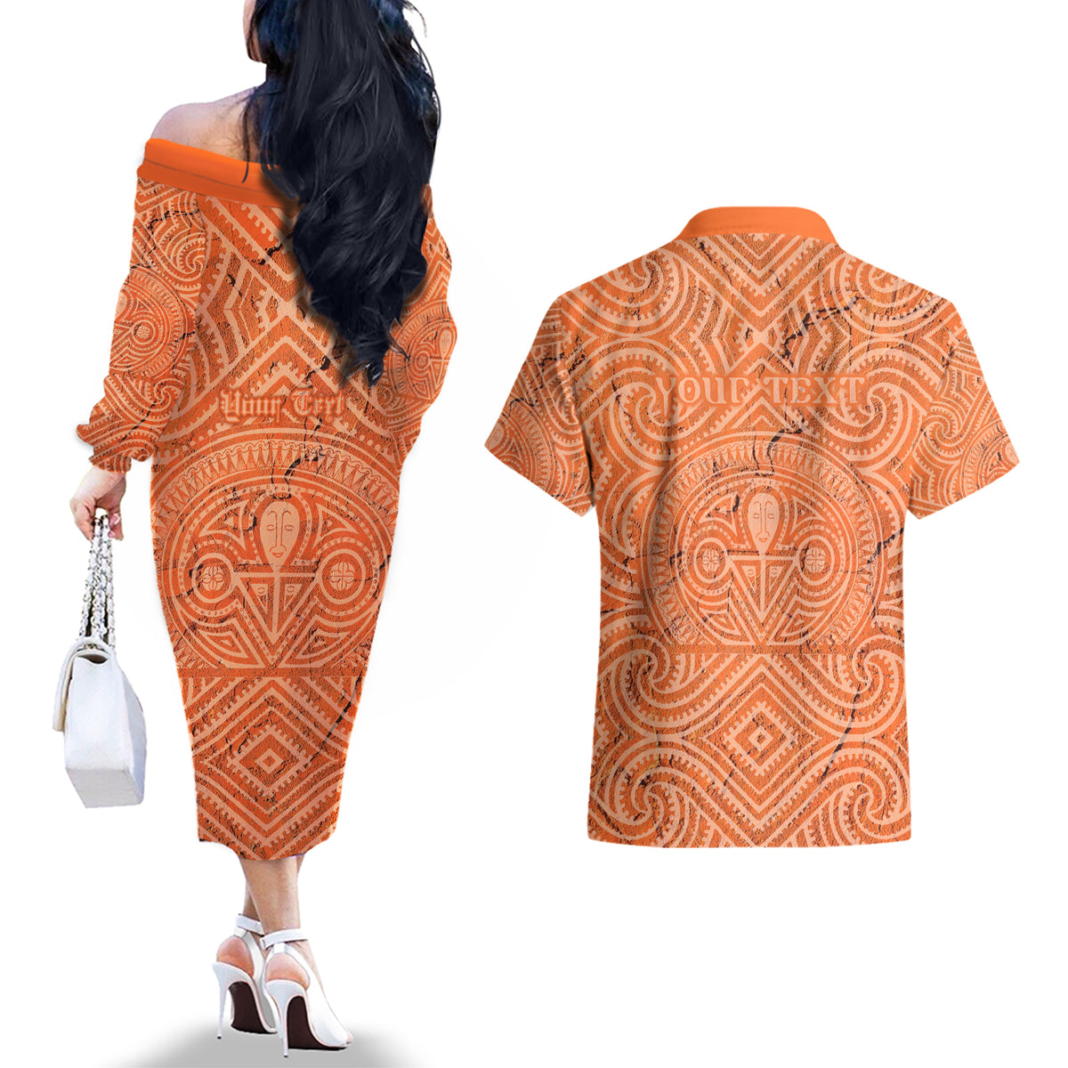 Personalised Lapita Culture Couples Matching Off The Shoulder Long Sleeve Dress and Hawaiian Shirt Iconic Double Face Pattern LT05 - Polynesian Pride