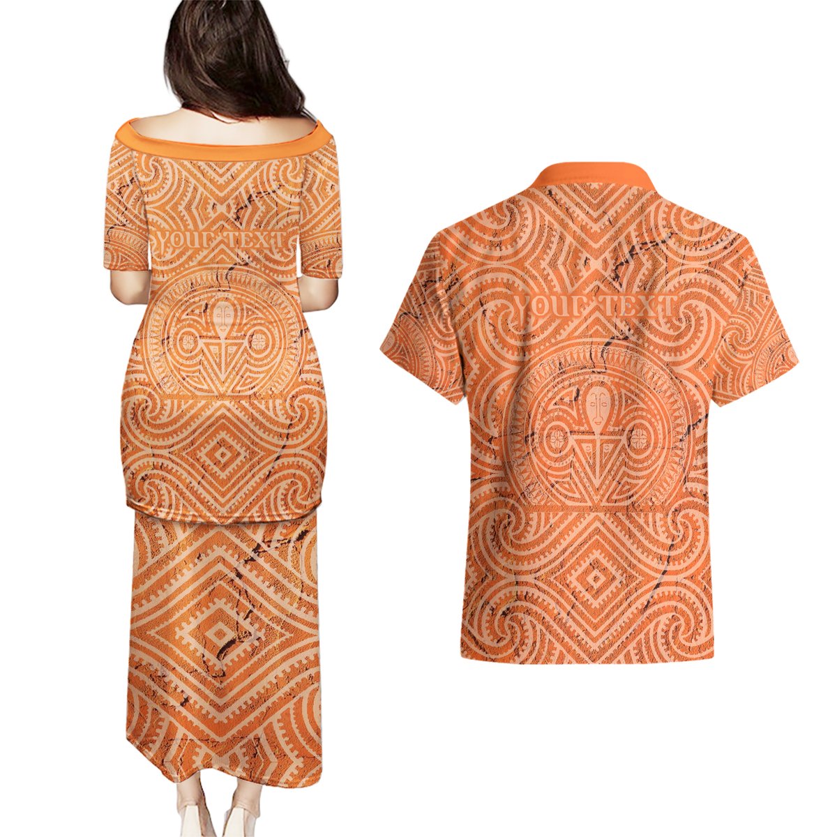Personalised Lapita Culture Couples Matching Puletasi Dress and Hawaiian Shirt Iconic Double Face Pattern LT05 - Polynesian Pride