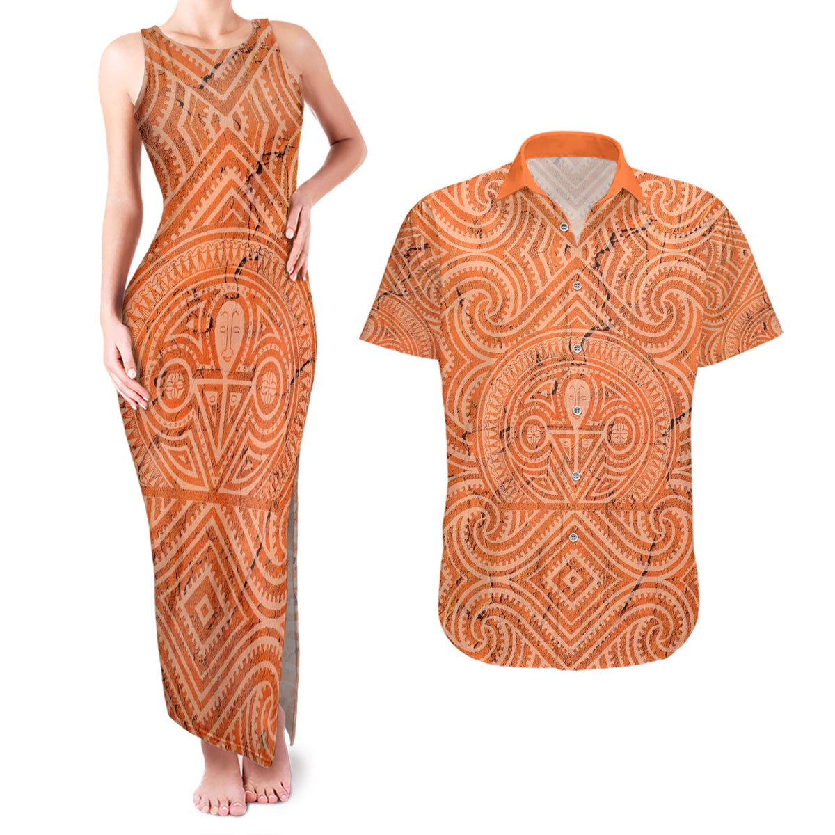 Personalised Lapita Culture Couples Matching Tank Maxi Dress and Hawaiian Shirt Iconic Double Face Pattern LT05 Brown - Polynesian Pride