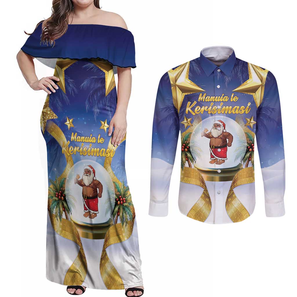 Samoa Christmas Couples Matching Off Shoulder Maxi Dress and Long Sleeve Button Shirt Snow Globe With Samoan Santa - Polynesian Pride