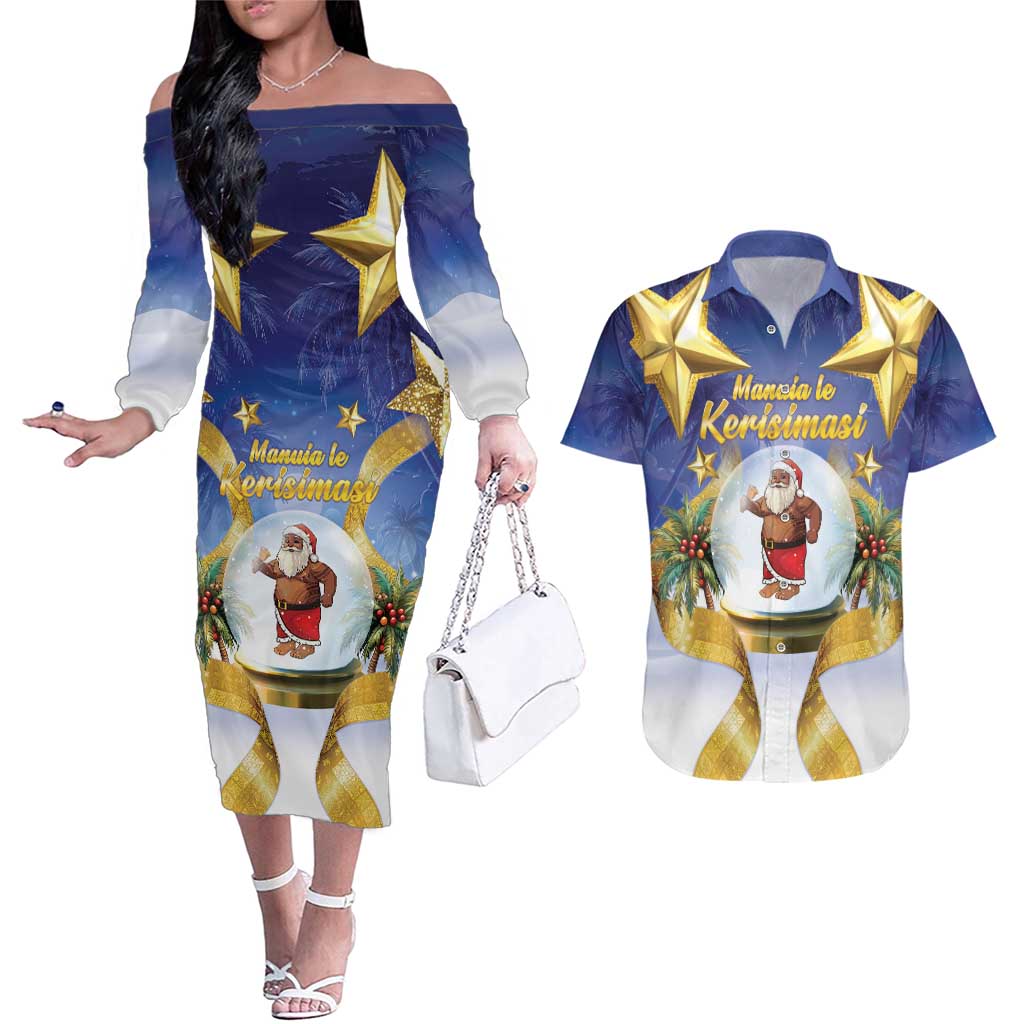 Samoa Christmas Couples Matching Off The Shoulder Long Sleeve Dress and Hawaiian Shirt Snow Globe With Samoan Santa - Polynesian Pride