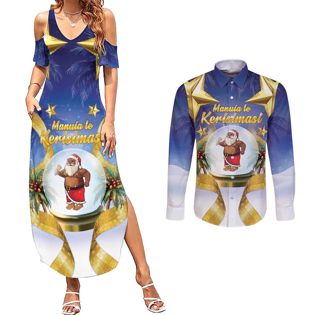 Samoa Christmas Couples Matching Summer Maxi Dress and Long Sleeve Button Shirt Snow Globe With Samoan Santa - Polynesian Pride