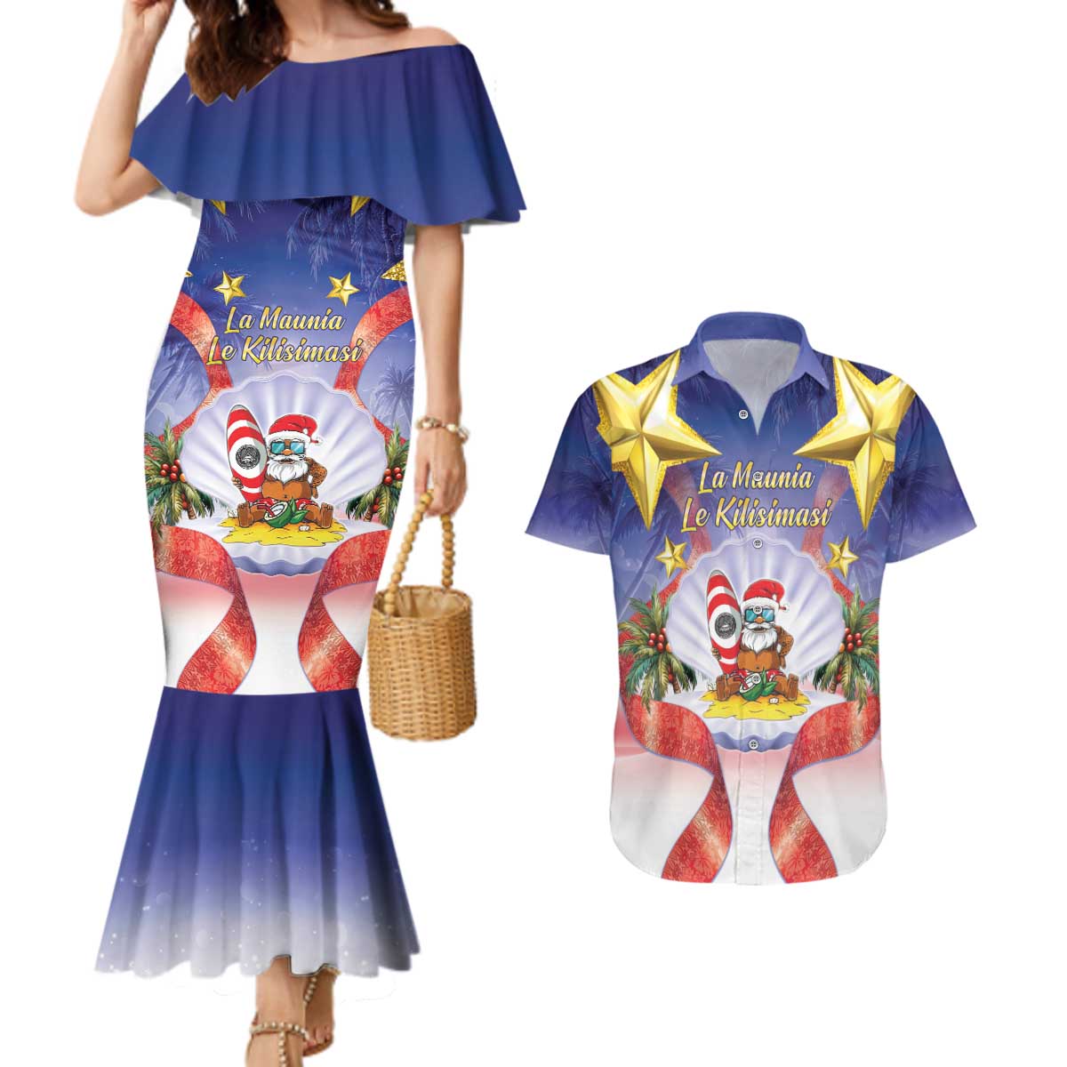 American Samoa Christmas Couples Matching Mermaid Dress and Hawaiian Shirt Seashell Santa Beach Vibes - Polynesian Pride
