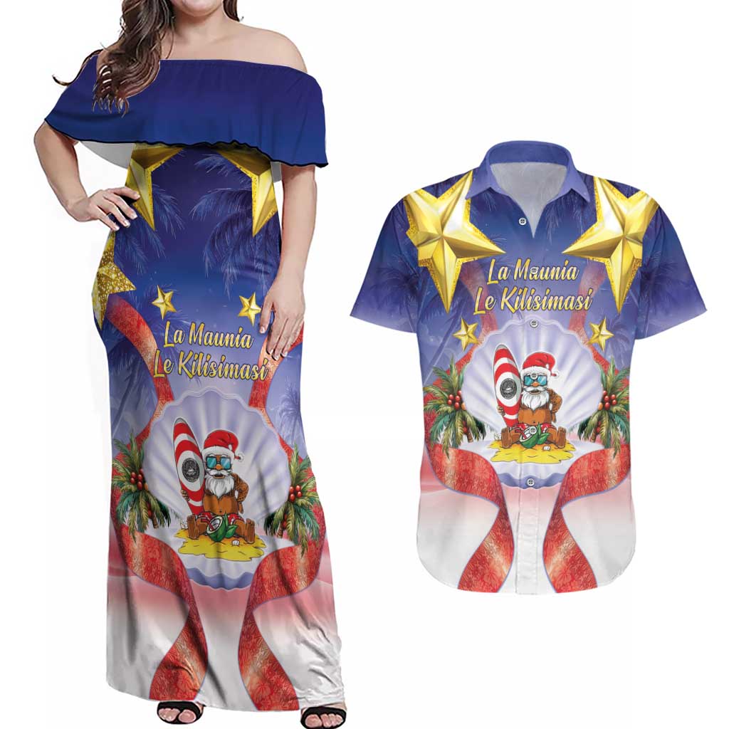 American Samoa Christmas Couples Matching Off Shoulder Maxi Dress and Hawaiian Shirt Seashell Santa Beach Vibes - Polynesian Pride