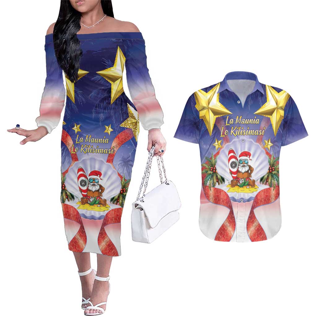 American Samoa Christmas Couples Matching Off The Shoulder Long Sleeve Dress and Hawaiian Shirt Seashell Santa Beach Vibes - Polynesian Pride