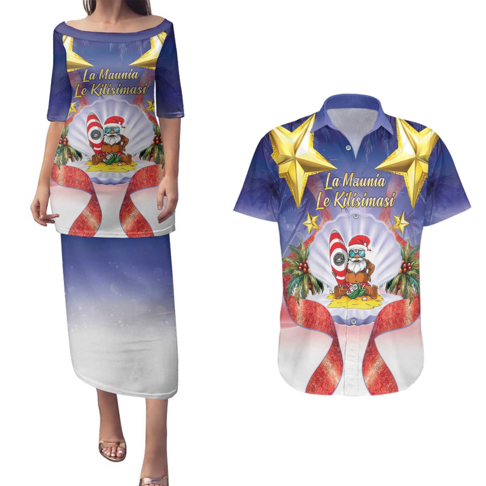 American Samoa Christmas Couples Matching Puletasi and Hawaiian Shirt Seashell Santa Beach Vibes - Polynesian Pride