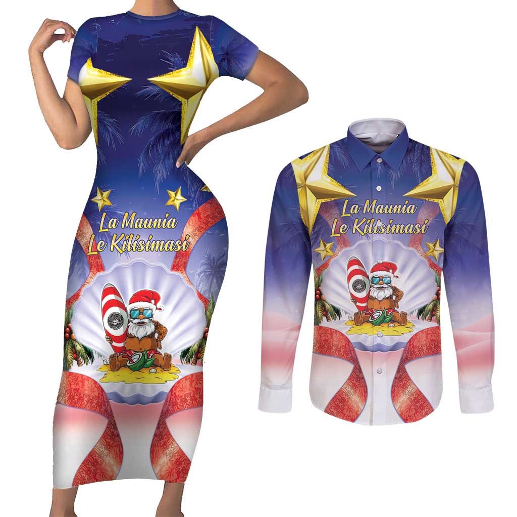 American Samoa Christmas Couples Matching Short Sleeve Bodycon Dress and Long Sleeve Button Shirt Seashell Santa Beach Vibes - Polynesian Pride