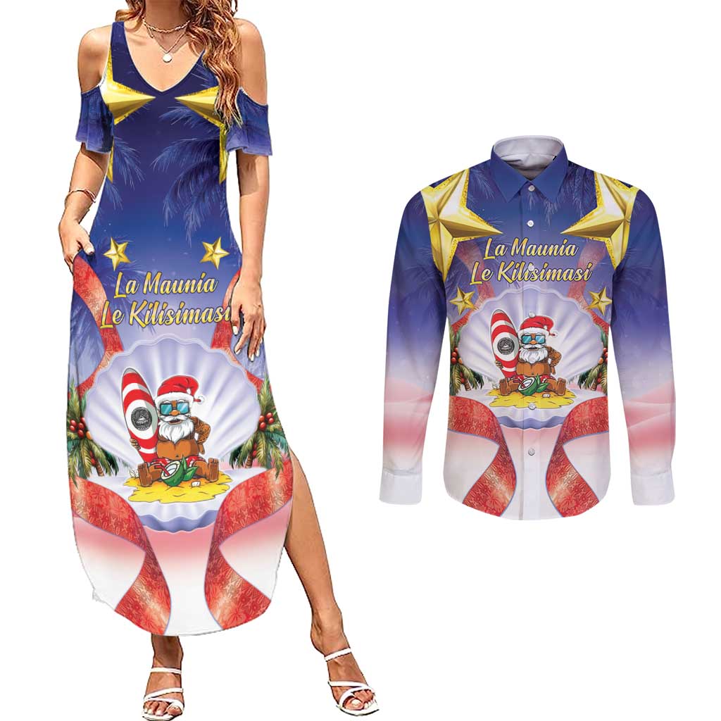 American Samoa Christmas Couples Matching Summer Maxi Dress and Long Sleeve Button Shirt Seashell Santa Beach Vibes - Polynesian Pride