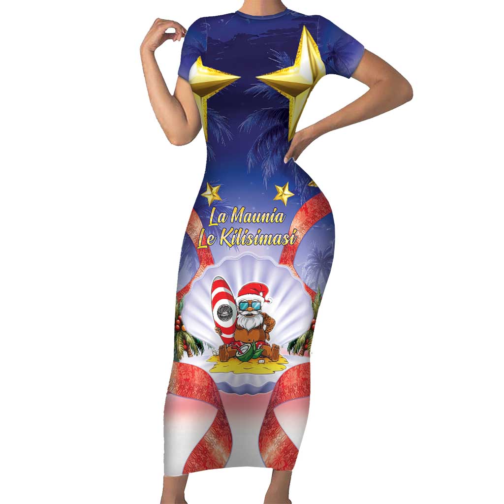 American Samoa Christmas Short Sleeve Bodycon Dress Seashell Santa Beach Vibes - Polynesian Pride