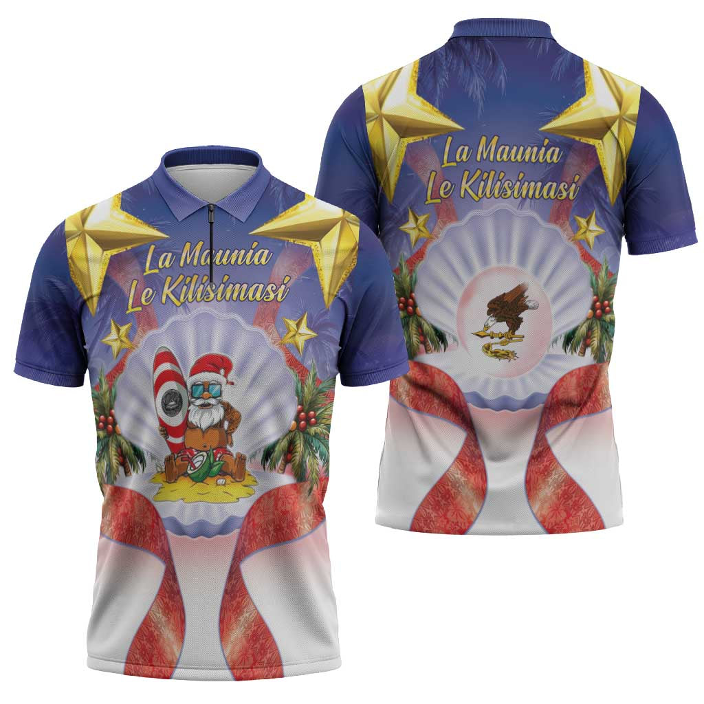 American Samoa Christmas Zipper Polo Shirt Seashell Santa Beach Vibes - Polynesian Pride
