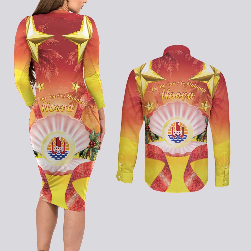 French Polynesia Christmas Couples Matching Long Sleeve Bodycon Dress and Long Sleeve Button Shirt Seashell Santa Beach Vibes - Polynesian Pride