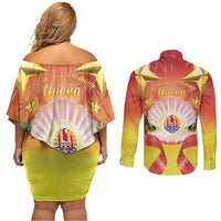 French Polynesia Christmas Couples Matching Off Shoulder Short Dress and Long Sleeve Button Shirt Seashell Santa Beach Vibes - Polynesian Pride